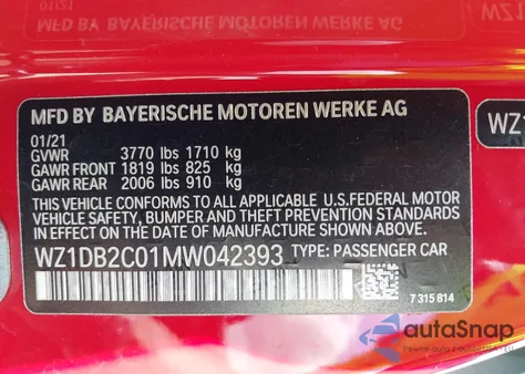 2021 Toyota Gr Supra 2.0 from USA, damaged, VIN WZ1DB2C01MW042393